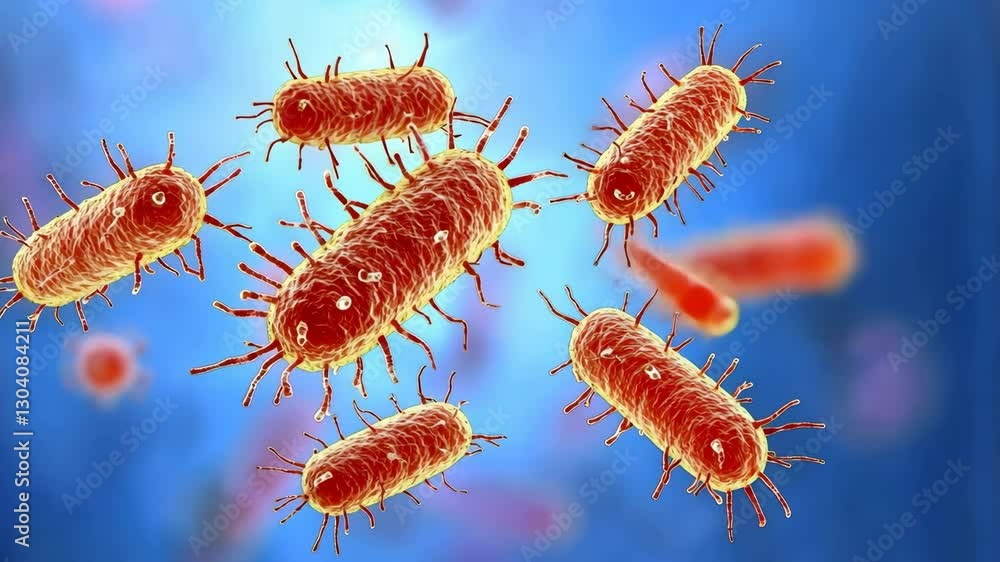 Poster microscopic view of red rod shaped bacteria with flagella on blue background exploring intricate str