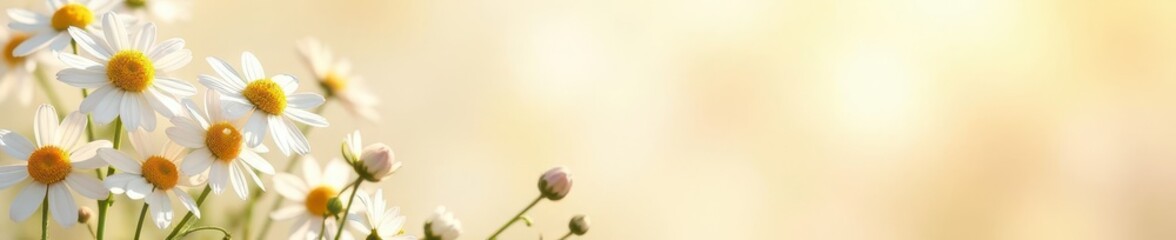 Subtle chamomile floral pattern, sun-dappled beige backdrop , daisy, bloom