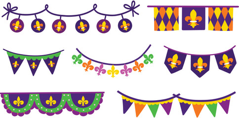 Decorative Mardi Gras banners, buntings, and frames featuring fleur de lis and argyle pattern. Hand drawn vector illustrations. © draftsndoodles
