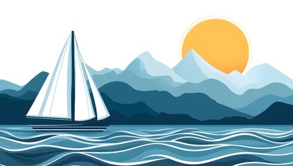 Sailing yacht on ocean waves, mountains, sunrise