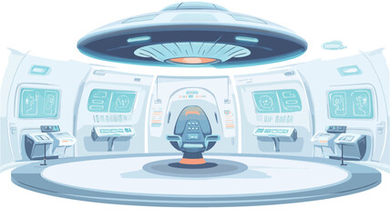 Digital illustration depicting the interior of a futuristic control room or spaceship bridge. The scene is rendered in a clean, minimalist style with predominantly white, light blue, and