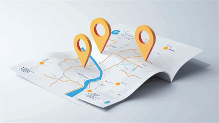 Fototapeta premium A high-angle, close-up studio shot depicts three orange, three-dimensional location marker pins placed on a folded paper map. The map shows a simplified cartographic representation of