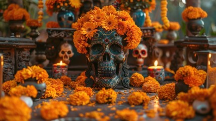 Fototapeta premium Vibrant Altar Display with Colorful Skulls and Marigold Floral Arrangements for Cultural Celebration