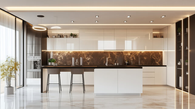 Elegant modular kitchen featuring white and dark chocolate cabinetry, modern appliances, and stylish lighting. spacious design creates warm and inviting atmosphere
