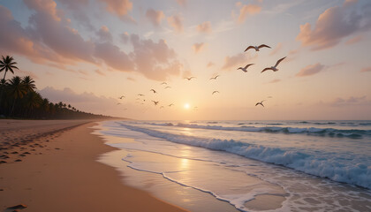 Obraz premium A serene beach at sunset with waves gently crashing on the shore and seagulls flying in the sky. 