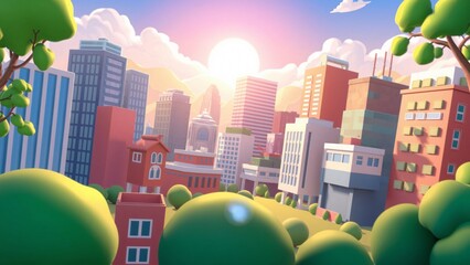 Idyllic Suburban Cityscape at Sunrise Cartoon Style Illustration