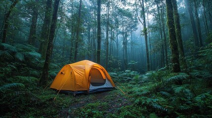 Cozy Orange Tent in Lush Misty Forest