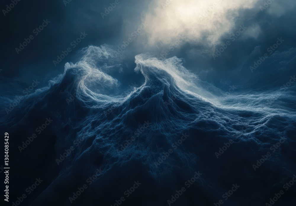 Poster dramatic ocean waves under stormy skies with ethereal lighting creating a mysterious atmosphere and 