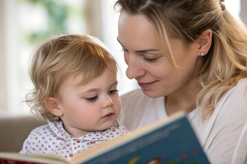 Minimalistic photo of a nanny reading softly to a toddler, extreme close-up highlighting their eye connection, softly blurred background.