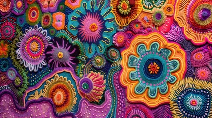 Vibrant and Colorful Abstract Textile Art Representing Cultural Heritage and Spiritual Significance