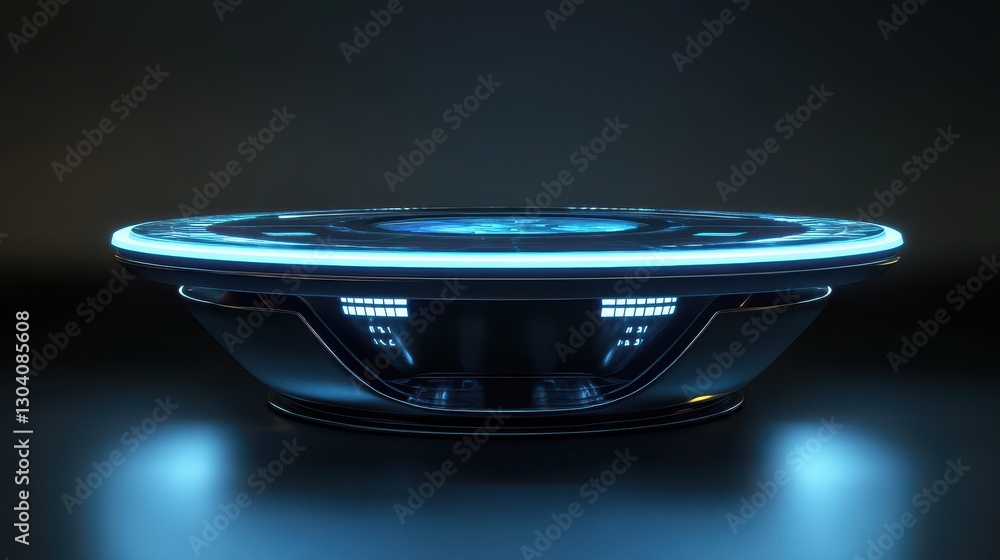 Poster a futuristic glowing circular platform with technological interface