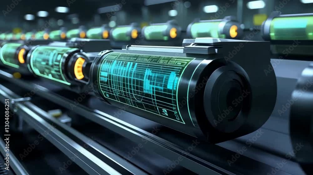 Poster futuristic assembly line and energy storage units with glowing digital displays showcasing advanced 