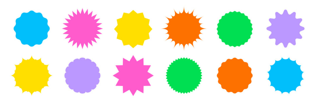 Star round sticker tag icon shape set. Circle starburst label shape for promo, sale, price offer badge sticker. Round tag shape vector icon. Sale, promo label graphic design. Vector illustration.