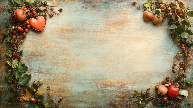 Autumnal heart frame, rustic wood, berries, design