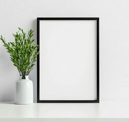 Blank Black Frame Mockup with Green Plant and White Vase