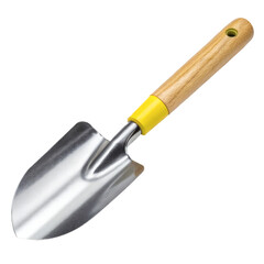 A gardening trowel featuring a wooden handle and metal blade. Tool for gardening and landscaping