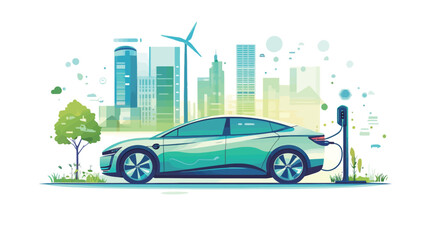 A stylized illustration depicting a teal electric car parked next to a charging station. The car is positioned in the foreground against a backdrop of a stylized city skyline featuring