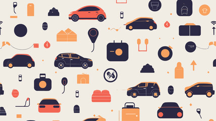 A seamless vector pattern featuring repeating illustrations of electric cars, charging stations, batteries, plugs, and other related icons.  The style is minimalist and flat, with a limited