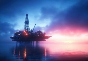 Obraz premium Dramatic Sunset Over Offshore Oil Rig with Reflections in Calm Waters and Moody Clouds Highlighting Industrial Energy Infrastructure
