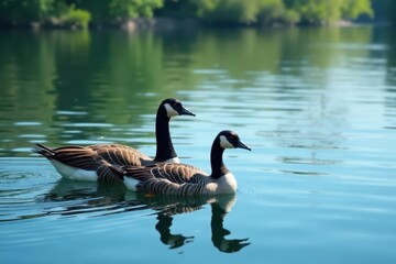 Fototapeta premium Group of geese peacefully floats on tranquil blue lake, stock, lake