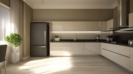 Fototapeta premium Stylish minimalist kitchen with gray beige cabinets and black appliances, featuring natural light and potted plant, creating modern and inviting atmosphere
