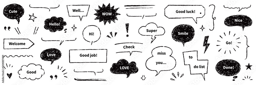 Poster speech bubble text frame dialog cloud hand drawn set. crayon chalk doodle talk speech bubble frame. 