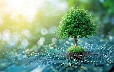 A tree growing on a circuit board with blurry greenery and soft light in the background.
