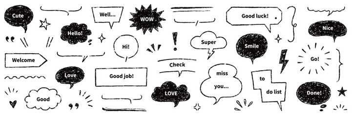 Speech bubble text frame dialog cloud hand drawn set. Crayon chalk doodle talk speech bubble frame. Hand drawn line chalk frame, think balloon, children doodle text cloud icon. Vector illustration.