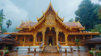 Obraz premium Majestic Golden Temple Architecture Reflecting Rich Cultural Heritage and Spiritual Significance in a Serene Natural Landscape