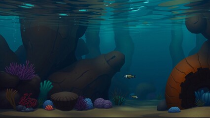 Underwater Scene Cartoon Style Ocean Floor with Coral and Fish