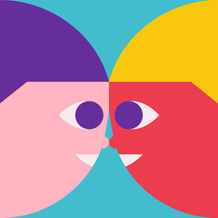 Vector flat illustration with two cartoon characters profiles opposite each other. Male athlete (football or basketball player, wrestler) looks into the eyes of the opponent and smiles. 