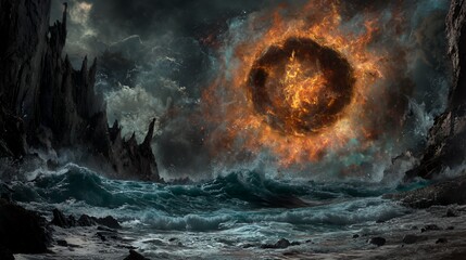 Fiery Cosmic Sphere Over Dark Ocean Waves at Night