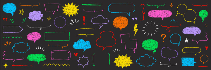 Crayon speech bubble text frame dialog balloon hand drawn set. Crayon chalk doodle talk speech bubble frame. Hand drawn chalk dialog balloon, children color doodle text cloud. Vector illustration.