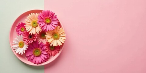 A pastel pink plate holds a delightful arrangement of assorted gerbera daisies, a charming floral display against a soft pink and green background.