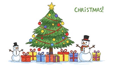 Festive Christmas Tree with Gifts and Snowmen Hand Drawn Illustration