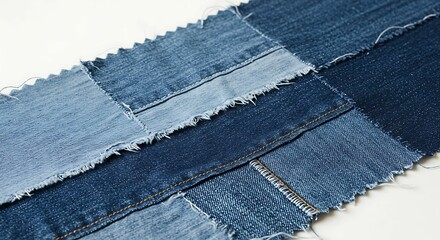AI-generated illustration of various denim fabric swatches in different shades of blue