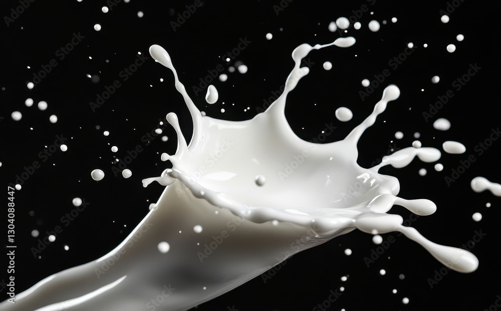 Poster dynamic milk splash on black background, capturing motion and fluidity in a stunning visual display 