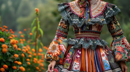 Vibrant Traditional Dress in Natural Setting Celebrating Cultural Heritage and Artistic Expression