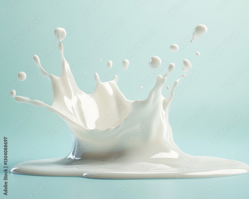Poster dynamic splash of creamy milk against a soft mint background capturing motion and fluidity in a vibr