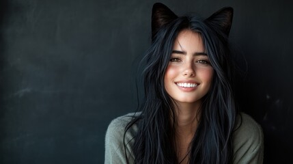 Fototapeta premium A close-up portrait of a young woman with black cat ears, smiling with a hint of mystery, the soft lighting and dark background adding depth and contrast to her feline look.