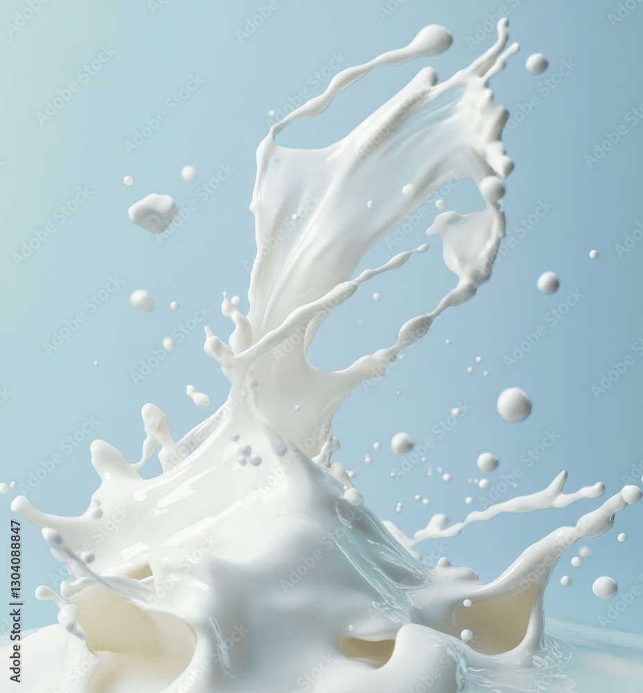 Poster dynamic splash of fresh milk against a soft blue background, showcasing elegant movement and vibrant