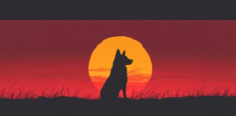 A Silhouette Of A Dog Watching The Sunset Above Grass