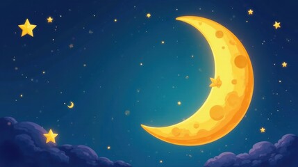 Naklejka premium Serene Night Sky A Crescent Moon, Stars, and Soft Cloudscape Adorn the Evening