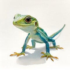 Fototapeta premium A colorful lizard with a vivid green body crawling on natural terrain surrounded by nature