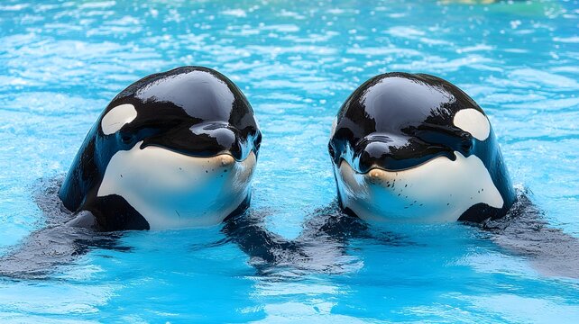 Two majestic killer whales swimming gracefully in a large pool under sunlit blue skies