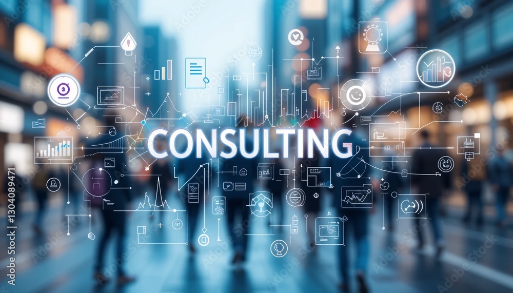 Poster consulting solutions visualized. data driven strategies. modern business consulting services. guidin