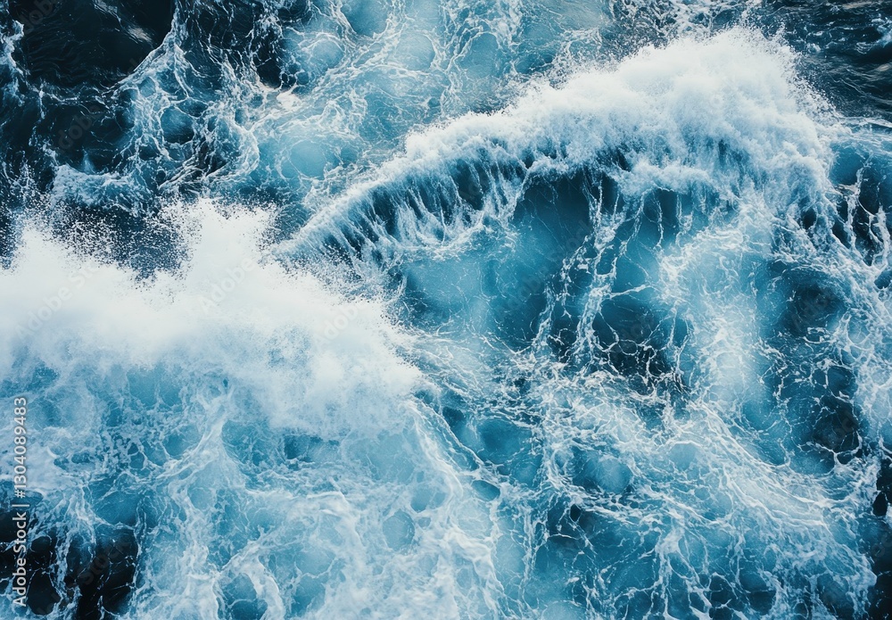 Poster dynamic waves in turquoise ocean water creating beautiful patterns and white foam against a deep blu