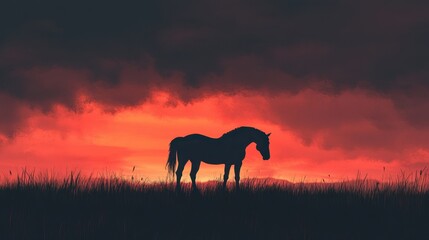 A Silhouette Of A Horse Standing At Sunset Or Sunrise