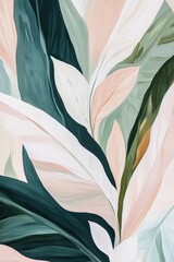 Colorful abstract painting featuring leaves in soft pastel shades and green hues