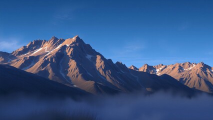 Obraz premium Majestic Mountain Range at Sunrise, Clouds in Valley